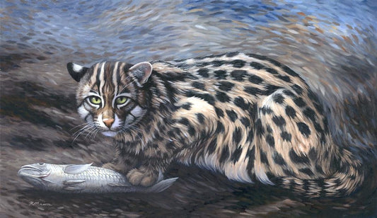 FISHING CAT Original oil painting on canvas, 14x24 in
